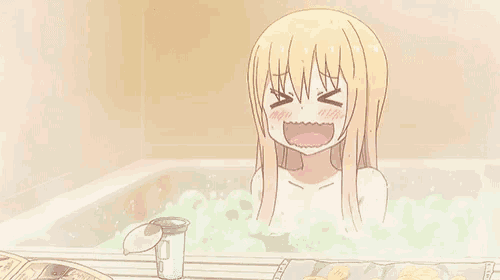 a blonde anime girl is taking a bath with bubbles