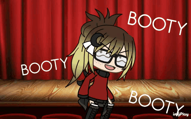 a cartoon character is standing on a stage with the words booty written around her