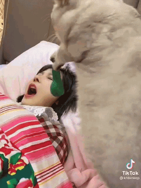 a cat is licking a woman 's face while she is laying in bed