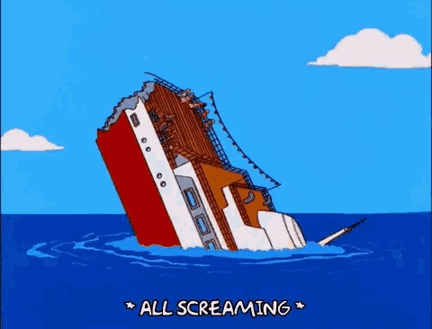 a cartoon ship is sinking in the ocean and the words all screaming are above it