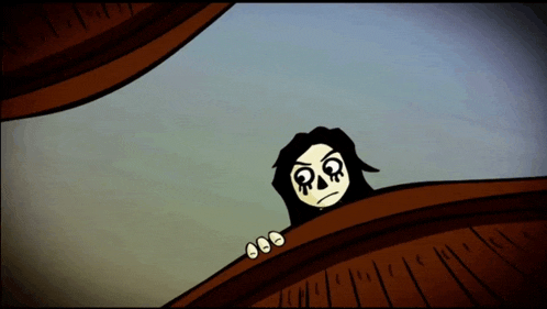 a cartoon character with a skull face and tears coming out of his eyes