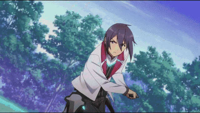 a boy with purple hair is riding a bike in the woods
