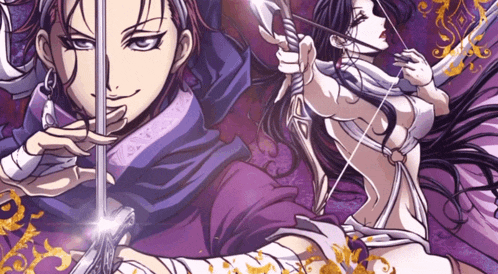 a man holding a sword and a woman with a bow and arrow