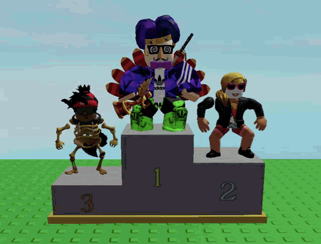 a winner 's podium with a skeleton and a man wearing an adidas shirt