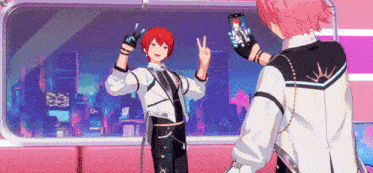 two anime characters are taking a picture of each other with their phones