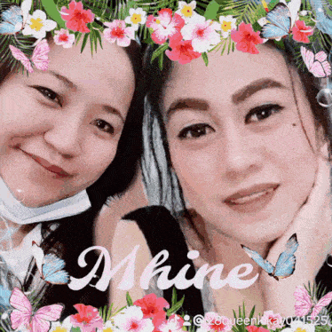 a picture of two women with the name mhine on the bottom right
