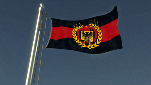 a black and red flag with a gold eagle and laurel wreath