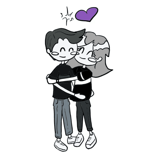 a black and white drawing of a man and a woman hugging each other with hearts above them .