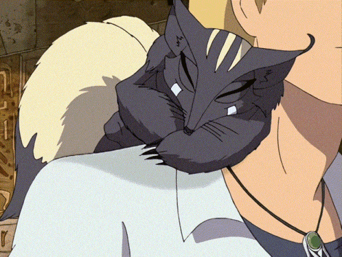 a cartoon drawing of a black cat laying on a person 's shoulder