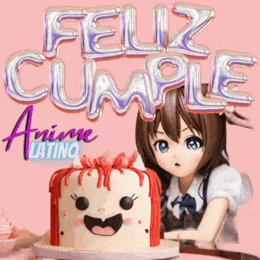 a feliz cumple anime latino greeting card with a cake