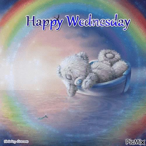 a picture of a teddy bear in a boat with the words happy wednesday on it