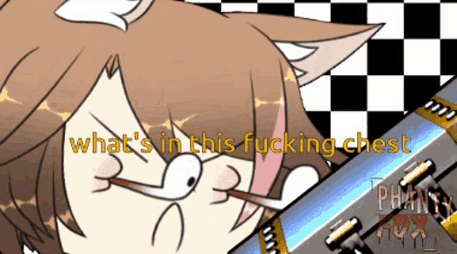 a cartoon of a cat with the words what 's in this fucking chest above it