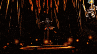 a video game character is surrounded by flames in a dark cave