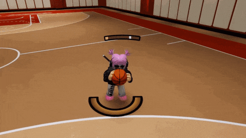 a girl with pink hair is holding a basketball on a basketball court in a video game