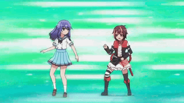 a couple of anime girls are dancing together on a blue background .