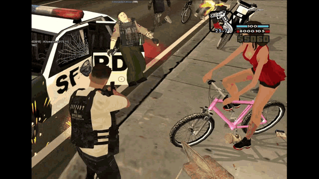 a woman riding a pink bike in front of a police car that says sf rd on it