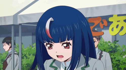 a girl with blue hair is standing in front of a yellow sign that says ' n ' on it