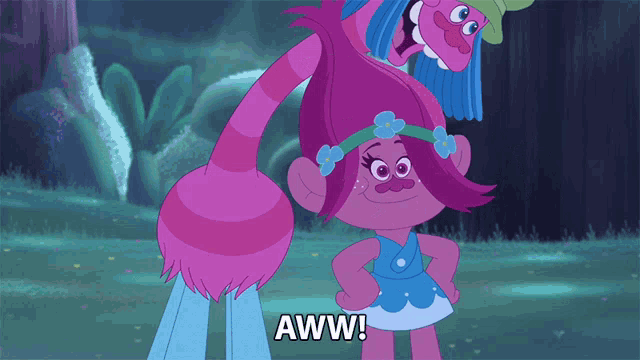 two trolls are standing next to each other and one of them says " aww "