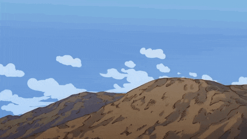 a cartoon drawing of a mountain with a blue sky and clouds