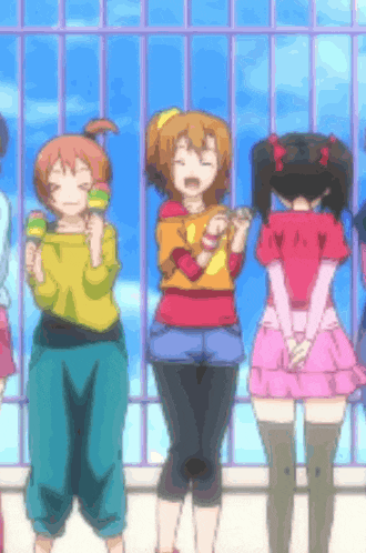 a group of anime girls are standing in front of a window