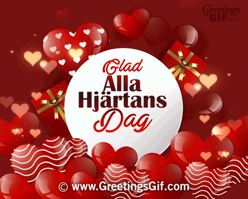 a greeting card for alla hjartans dag surrounded by red hearts