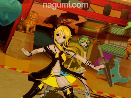 two anime girls are dancing in front of a nagumi.com logo