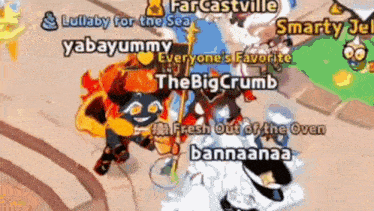 a group of people are playing a video game called cookie run and talking to each other .