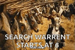 a man is riding a horse in front of a row of horses with the words search warrent starts at 6 below him .