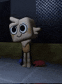 a cartoon character from the amazing world of gumball is standing on a sidewalk in a dark room .