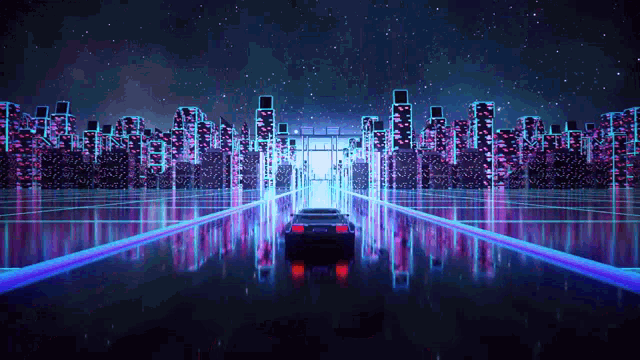 a car is driving through a futuristic city with neon lights