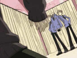 a couple of anime characters standing next to each other in front of a pink curtain