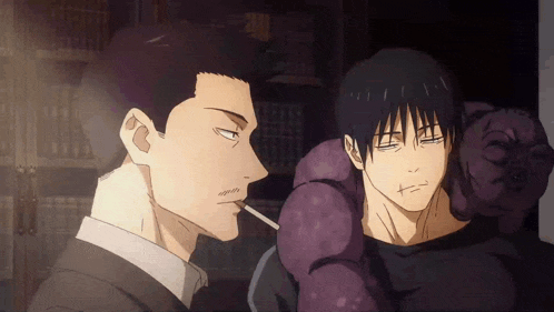 a man is smoking a cigarette next to another man who is holding a stuffed animal .