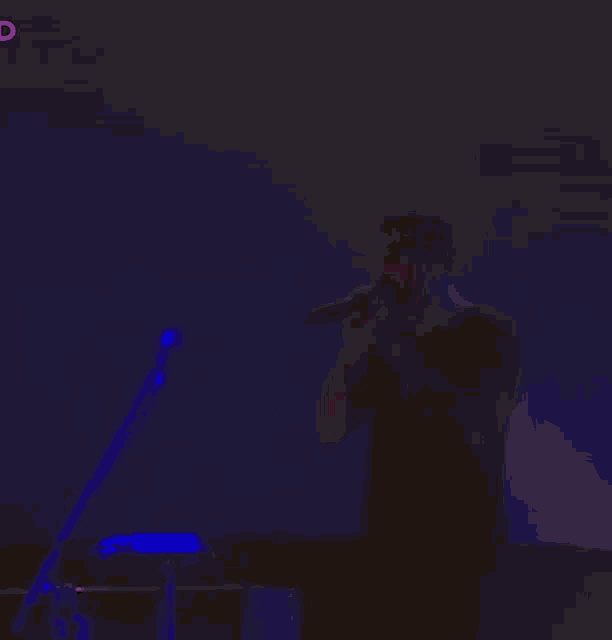 a close up of a microphone in a dark room with the letter d above it