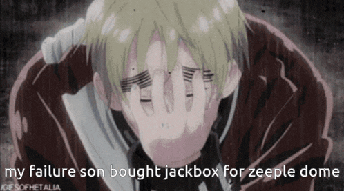 a man covering his face with his hands with the caption my failure son bought jackbox for zeeple dome