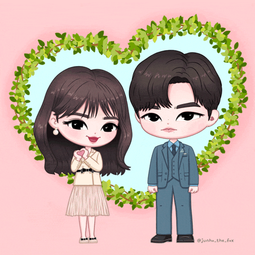a cartoon of a man and a woman standing in front of a heart with leaves on it