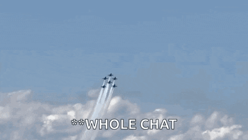 a group of jets are flying through a blue sky with smoke trails and the words whole chat below them