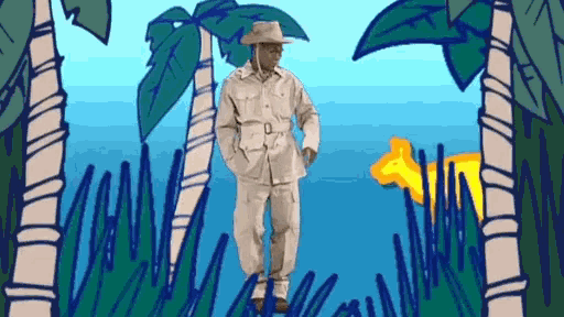 a cartoon drawing of a man in a safari outfit standing in a jungle