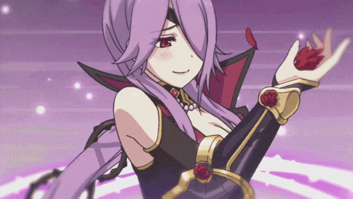 a girl with purple hair and red eyes is holding a red flower in her hand