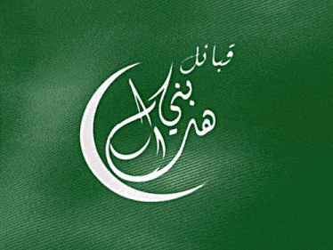 a green background with a white crescent moon and arabic writing