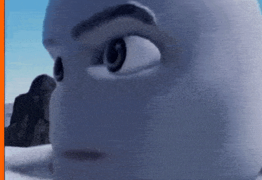 a close up of a cartoon character 's face with a blue sky in the background .