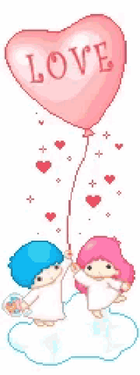 a pixel art of a boy and a girl holding a pink heart shaped love balloon
