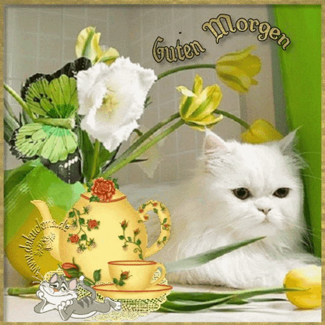 a picture of a white cat with flowers and a teapot that says guten morgen on it