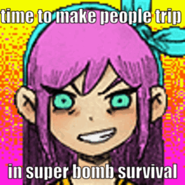 a cartoon girl with pink hair and blue eyes is smiling .
