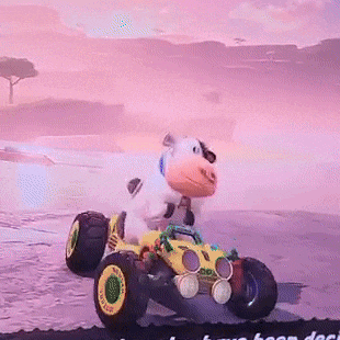 a cartoon cow is driving a yellow buggy with a sticker on the front that says ' dunlop '
