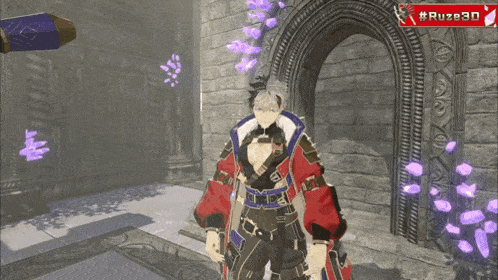 a video game character is standing in front of an archway with purple flowers behind him and a #ruze30 sign
