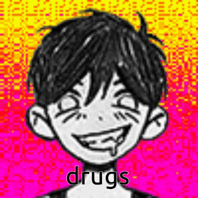 a black and white drawing of a boy with a smiley face and the words `` drugs '' underneath him .