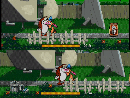 two screenshots of a video game with a cartoon character and a fence