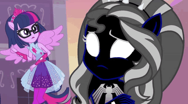 a cartoon of twilight sparkle standing next to a silhouette of a pony