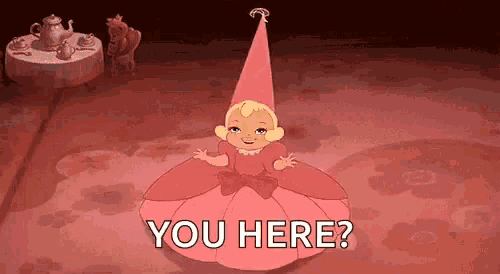 a little girl is wearing a pink dress and a pink hat and the words `` you here '' are on the floor .
