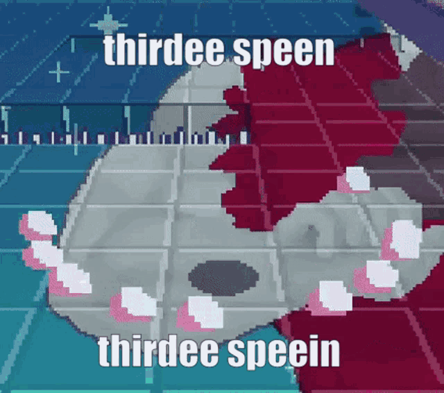 a pixel art drawing of a shark with the words thirde speen thirde spein